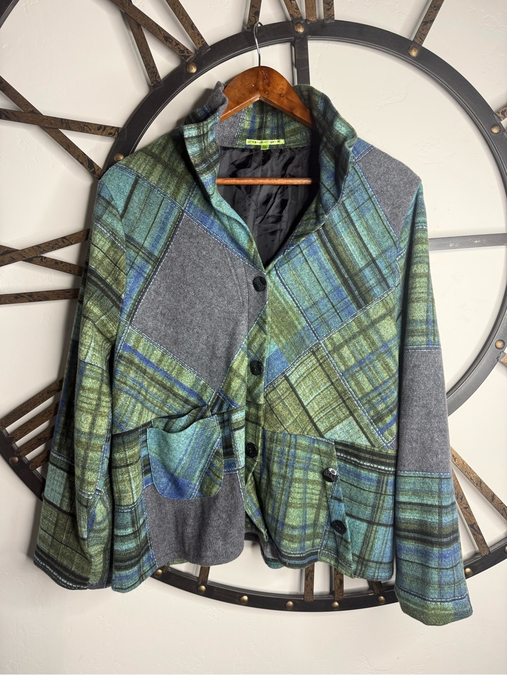 Patchwork Plaid Blazer Jacket in Green and Gray
